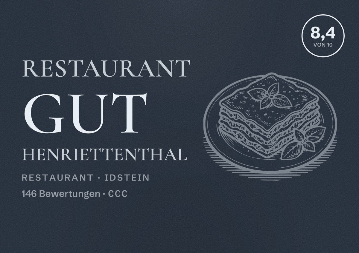 Illustriertes Poster von Restaurant Gut Henriettenthal, Restaurant in Idstein: Bewertung 8,4 von 10 aus 146 Bewertungen, Preisniveau €€€