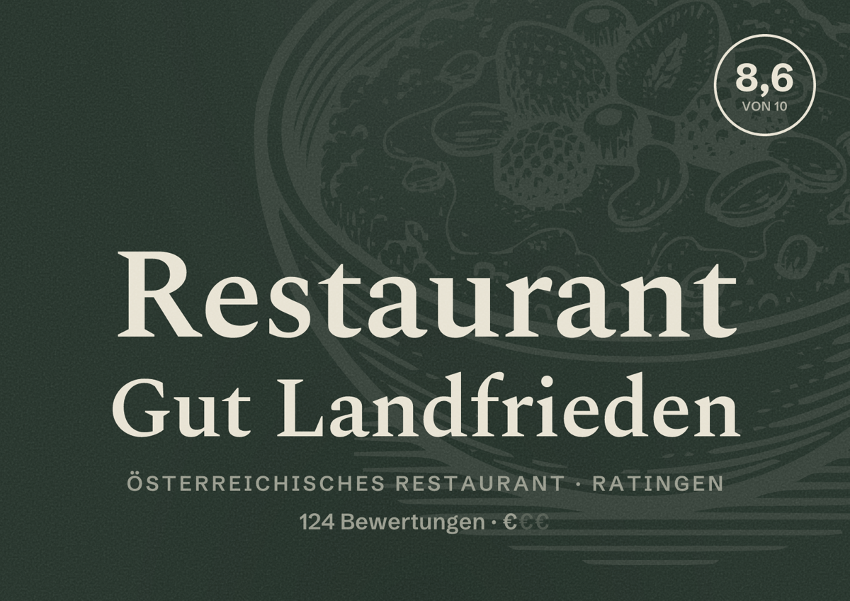 Illustriertes Poster von Restaurant Gut Landfrieden, Österreichisches Restaurant in Ratingen: Bewertung 8,6 von 10 aus 124 Bewertungen, Preisniveau €