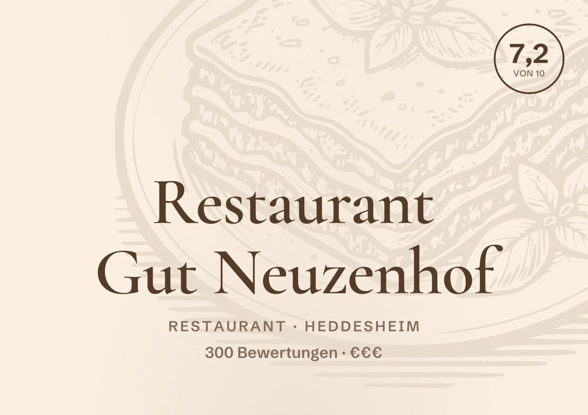 Illustriertes Poster von Restaurant Gut Neuzenhof, Restaurant in Heddesheim: Bewertung 7,2 von 10 aus 300 Bewertungen, Preisniveau €€€