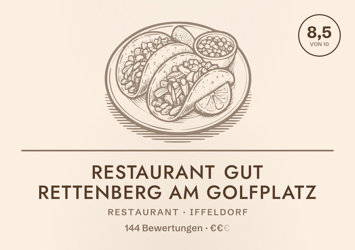 Illustriertes Poster von Restaurant Gut Rettenberg am Golfplatz, Restaurant in Iffeldorf: Bewertung 8,5 von 10 aus 144 Bewertungen, Preisniveau €€