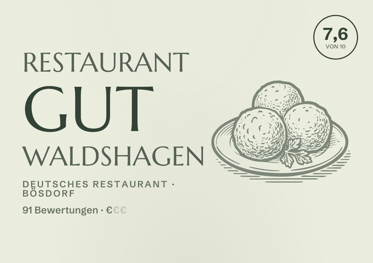 Illustriertes Poster von Restaurant Gut Waldshagen, Deutsches Restaurant in Bösdorf: Bewertung 7,6 von 10 aus 91 Bewertungen, Preisniveau €