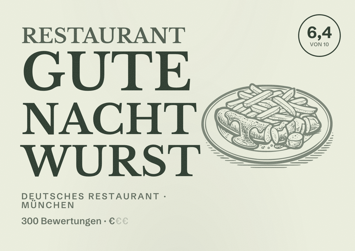 Illustriertes Poster von Restaurant Gute Nacht Wurst, Deutsches Restaurant in München: Bewertung 6,4 von 10 aus 300 Bewertungen, Preisniveau €