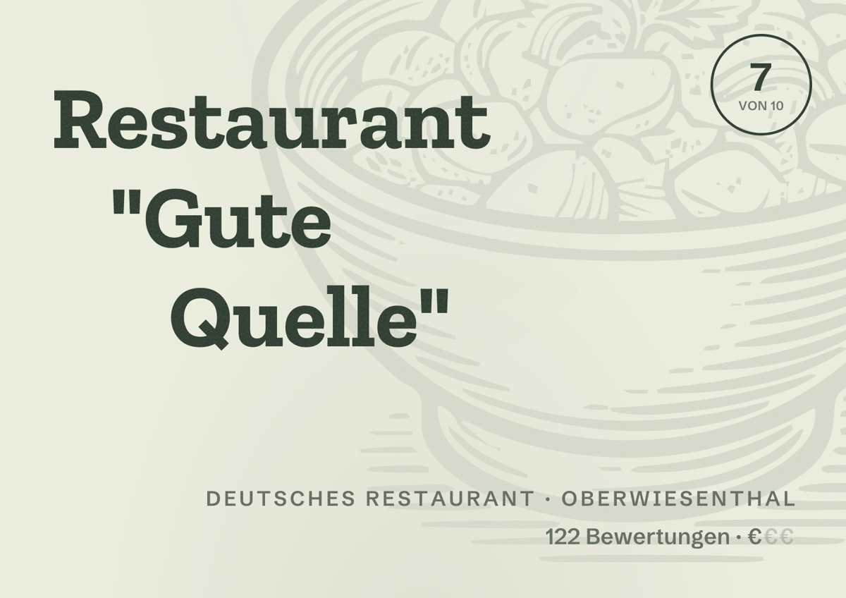 Illustriertes Poster von Restaurant "Gute Quelle", Deutsches Restaurant in Oberwiesenthal: Bewertung 7 von 10 aus 122 Bewertungen, Preisniveau €