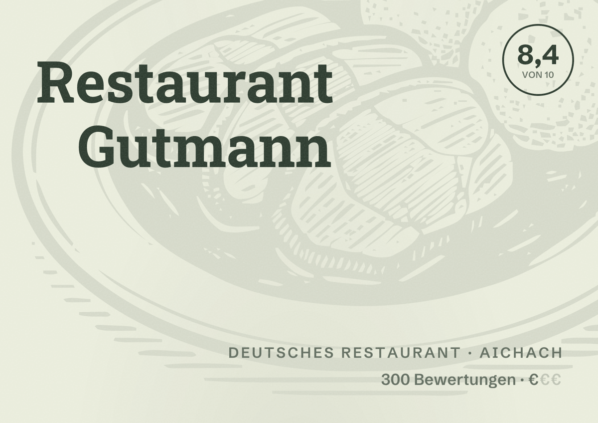 Illustriertes Poster von Restaurant Gutmann, Deutsches Restaurant in Aichach: Bewertung 8,4 von 10 aus 300 Bewertungen, Preisniveau €