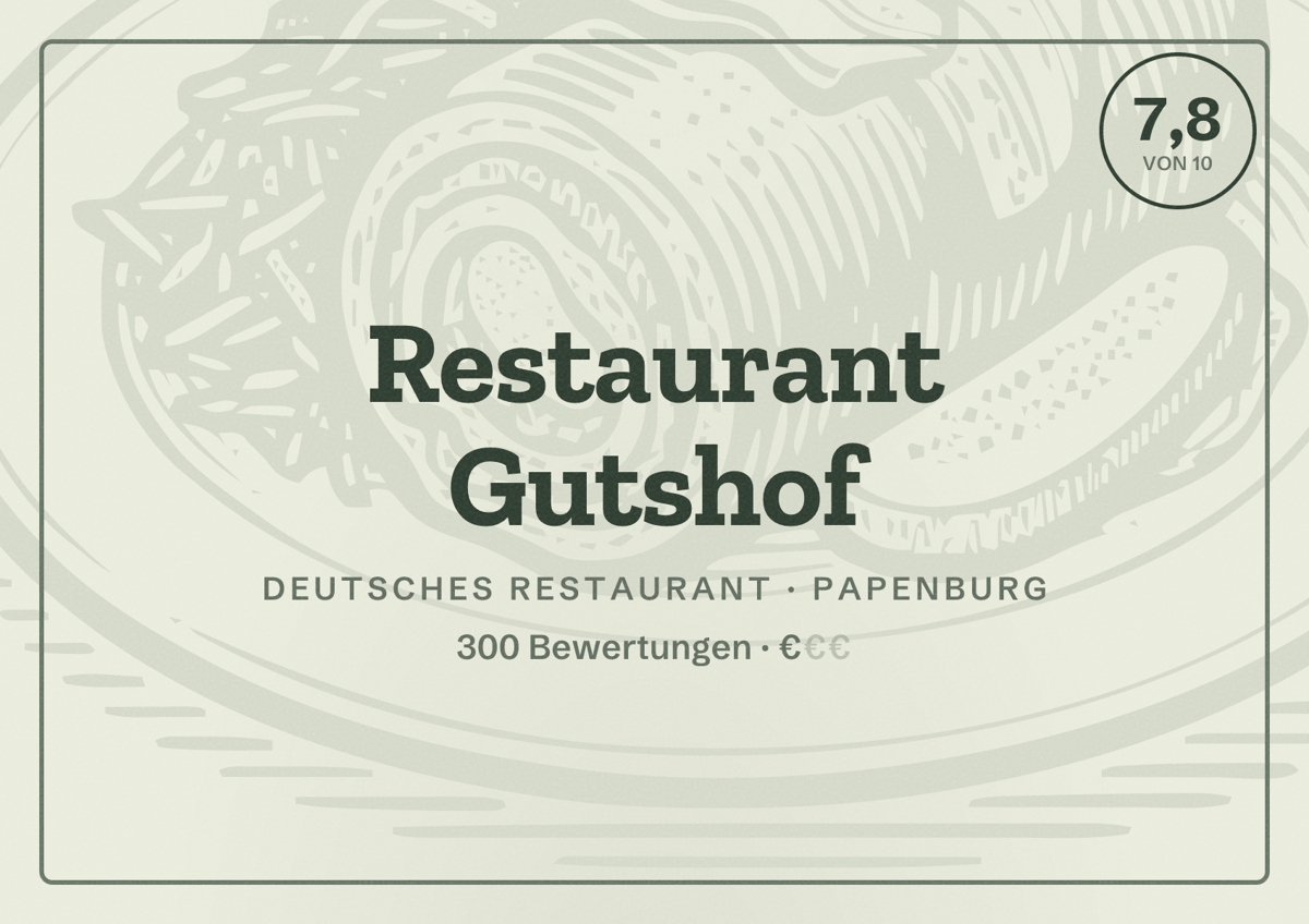 Illustriertes Poster von Restaurant Gutshof, Deutsches Restaurant in Papenburg: Bewertung 7,8 von 10 aus 300 Bewertungen, Preisniveau €