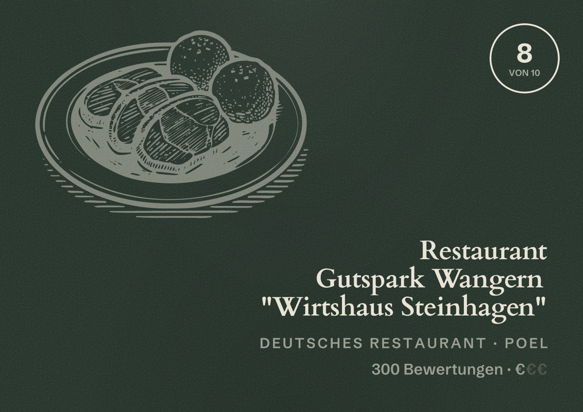 Illustriertes Poster von Restaurant Gutspark Wangern "Wirtshaus Steinhagen", Deutsches Restaurant in Poel: Bewertung 8 von 10 aus 300 Bewertungen, Preisniveau €