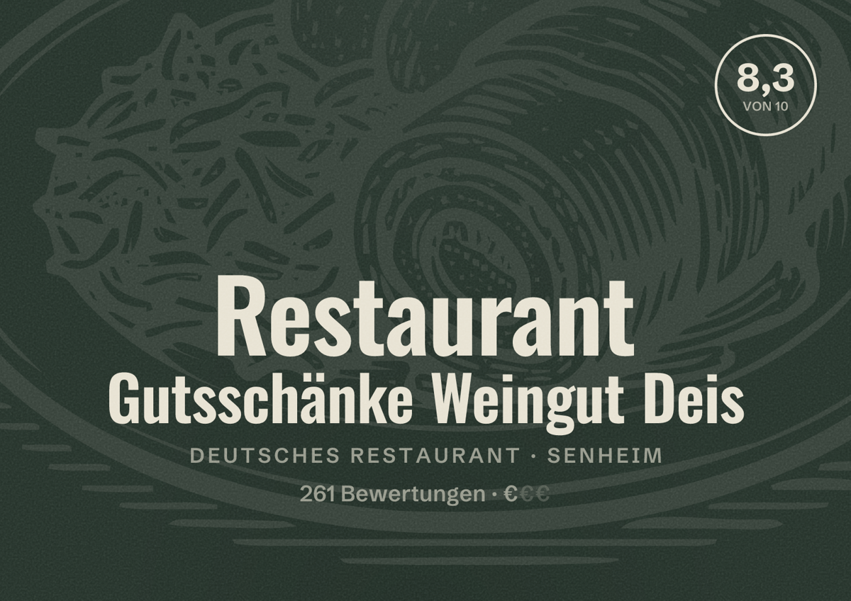 Illustriertes Poster von Restaurant Gutsschänke Weingut Deis, Deutsches Restaurant in Senheim: Bewertung 8,3 von 10 aus 261 Bewertungen, Preisniveau €