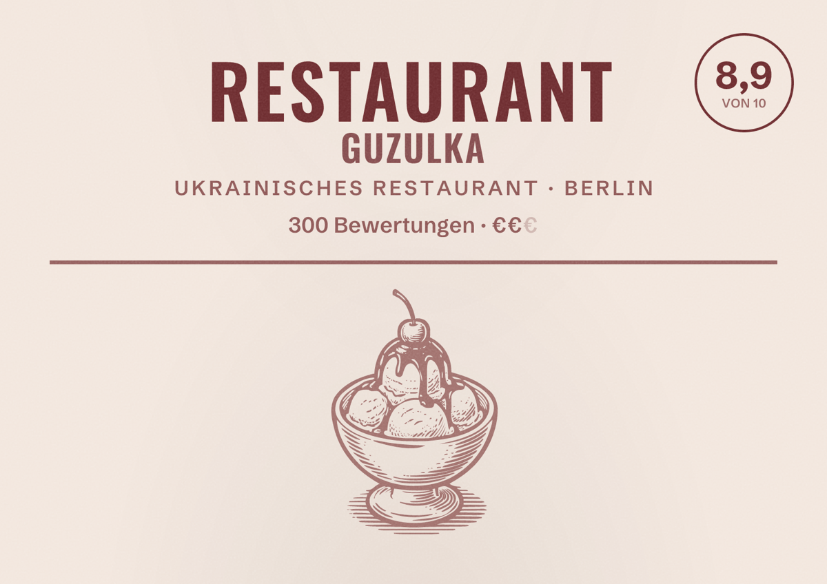 Illustriertes Poster von Restaurant Guzulka, Ukrainisches Restaurant in Berlin: Bewertung 8,9 von 10 aus 300 Bewertungen, Preisniveau €€