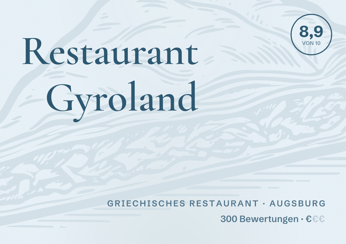 Illustriertes Poster von Restaurant Gyroland, Griechisches Restaurant in Augsburg: Bewertung 8,9 von 10 aus 300 Bewertungen, Preisniveau €