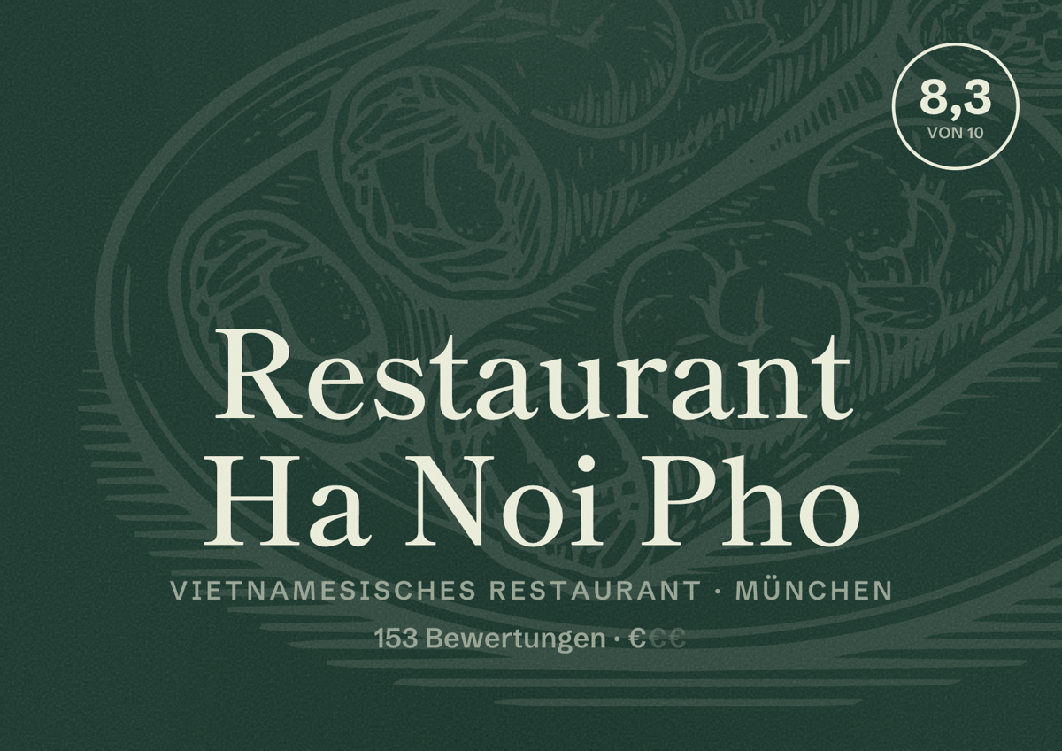 Illustriertes Poster von Restaurant Ha Noi Pho, Vietnamesisches Restaurant in München: Bewertung 8,3 von 10 aus 153 Bewertungen, Preisniveau €