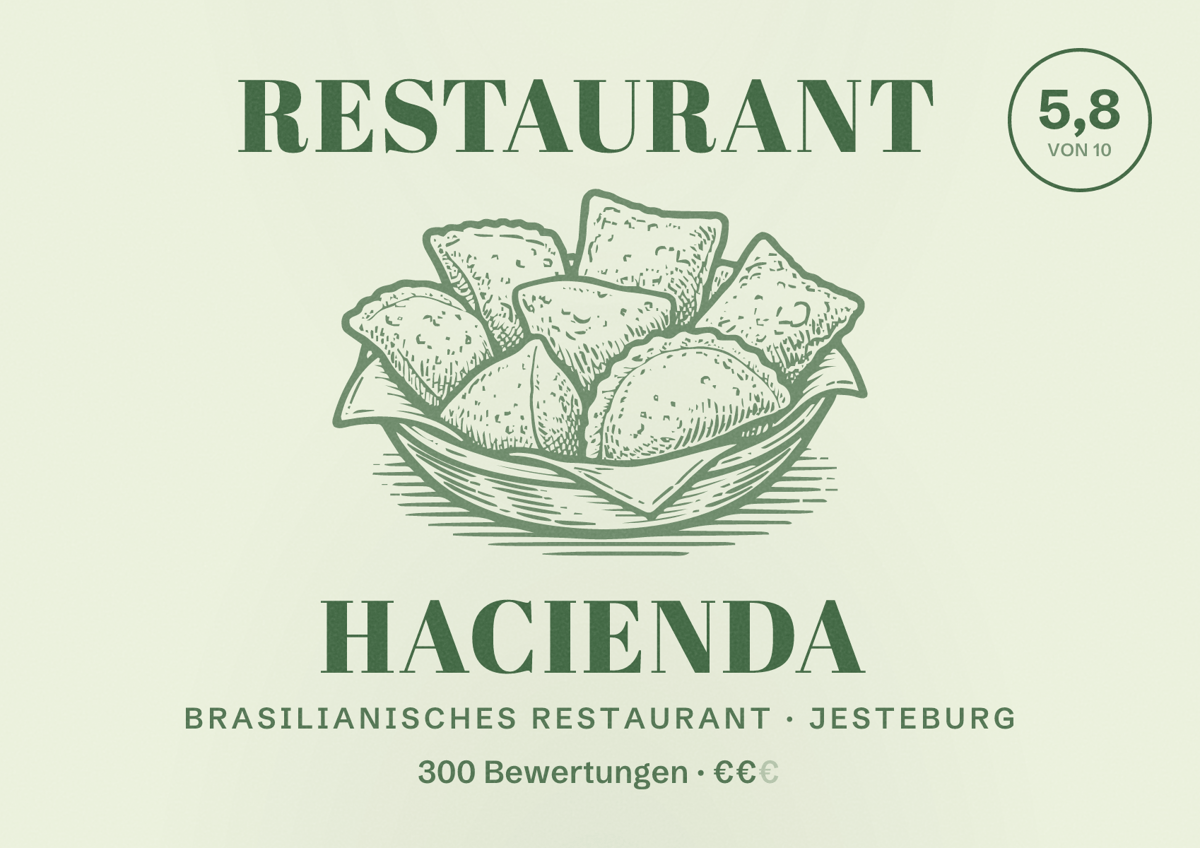 Illustriertes Poster von Restaurant Hacienda, Brasilianisches Restaurant in Jesteburg: Bewertung 5,8 von 10 aus 300 Bewertungen, Preisniveau €€