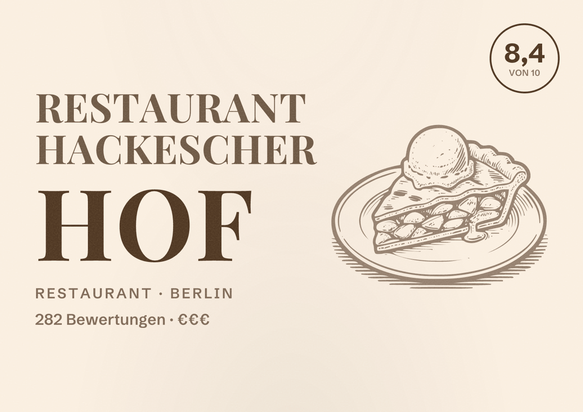 Illustriertes Poster von Restaurant Hackescher Hof, Restaurant in Berlin: Bewertung 8,4 von 10 aus 282 Bewertungen, Preisniveau €€€