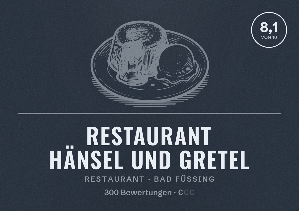Illustriertes Poster von Restaurant Hänsel und Gretel, Restaurant in Bad Füssing: Bewertung 8,1 von 10 aus 300 Bewertungen, Preisniveau €