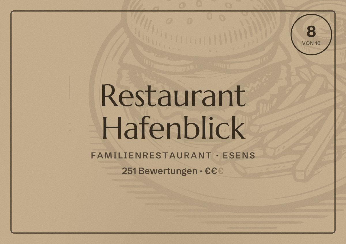 Illustriertes Poster von Restaurant Hafenblick, Familienrestaurant in Esens: Bewertung 8 von 10 aus 251 Bewertungen, Preisniveau €€