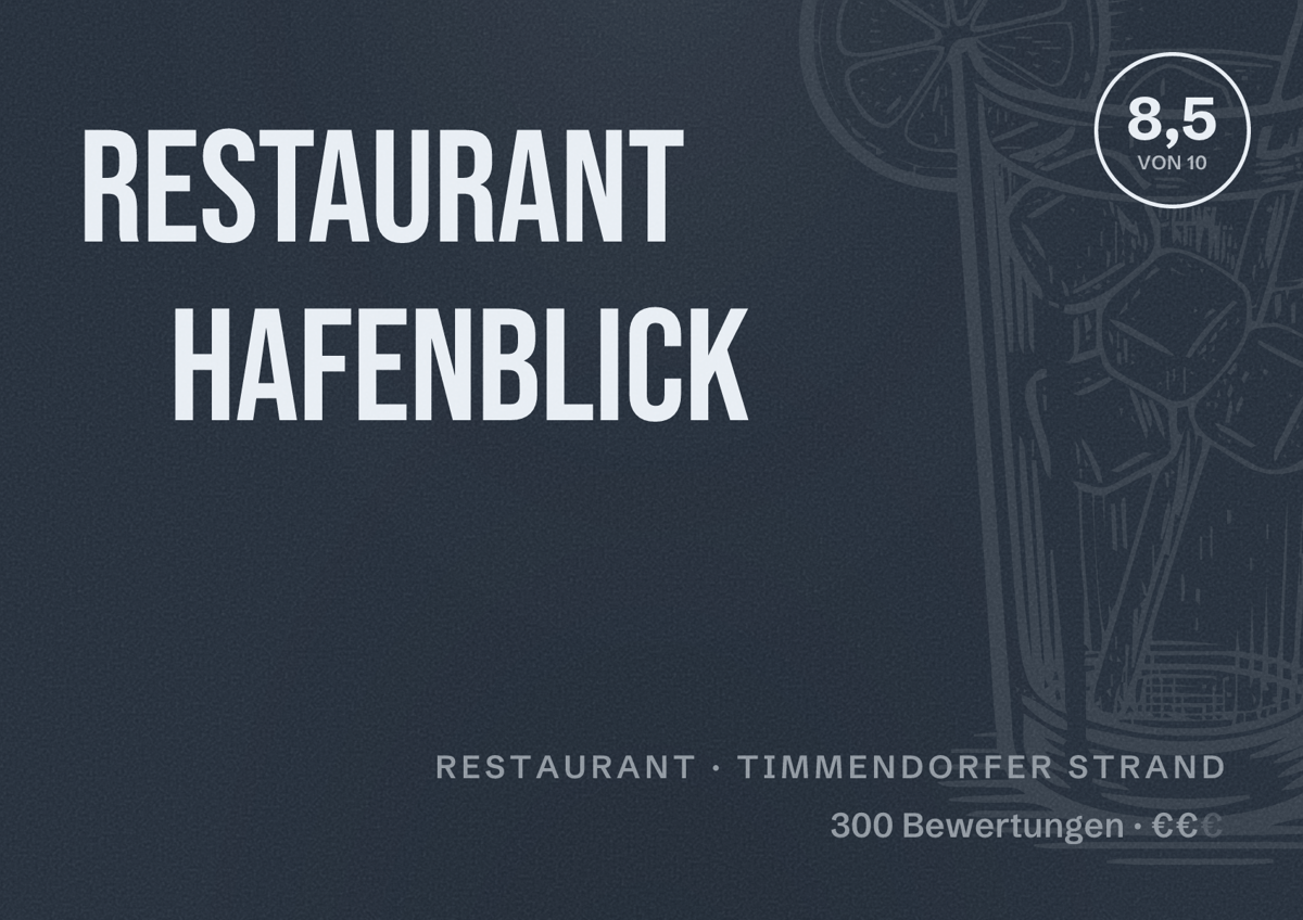 Illustriertes Poster von Restaurant Hafenblick, Restaurant in Timmendorfer Strand: Bewertung 8,5 von 10 aus 300 Bewertungen, Preisniveau €€