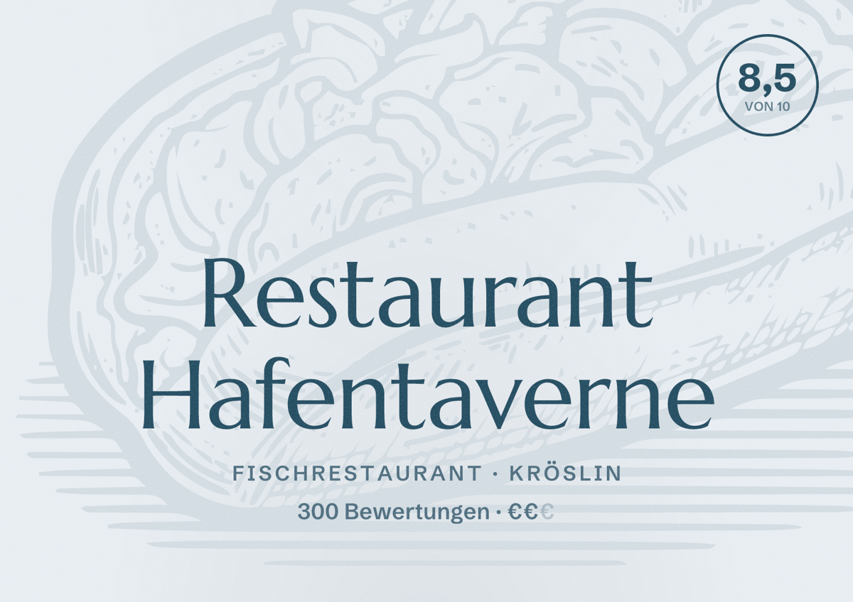 Illustriertes Poster von Restaurant Hafentaverne, Fischrestaurant in Kröslin: Bewertung 8,5 von 10 aus 300 Bewertungen, Preisniveau €€