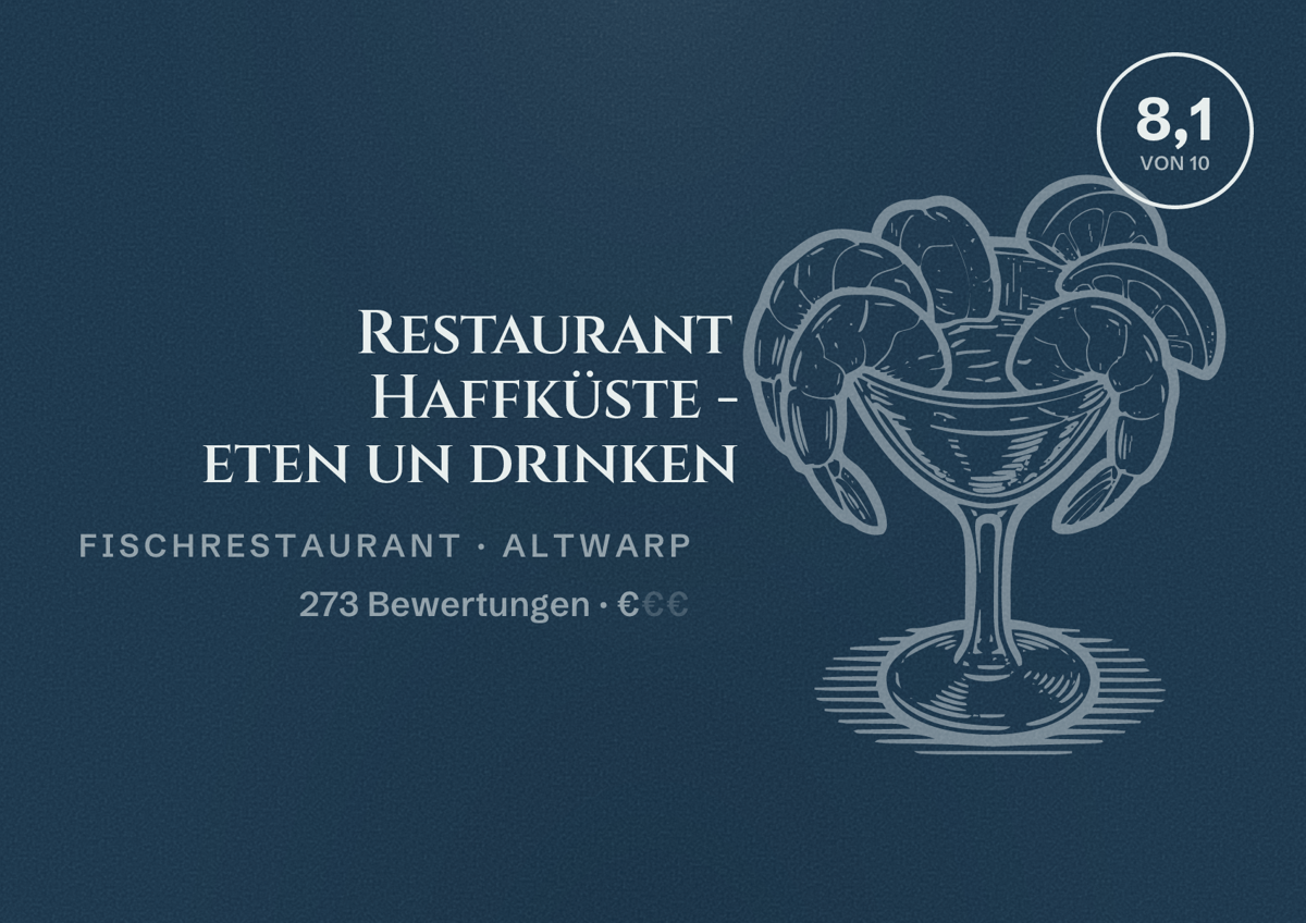 Illustriertes Poster von Restaurant Haffküste - eten un drinken, Fischrestaurant in Altwarp: Bewertung 8,1 von 10 aus 273 Bewertungen, Preisniveau €