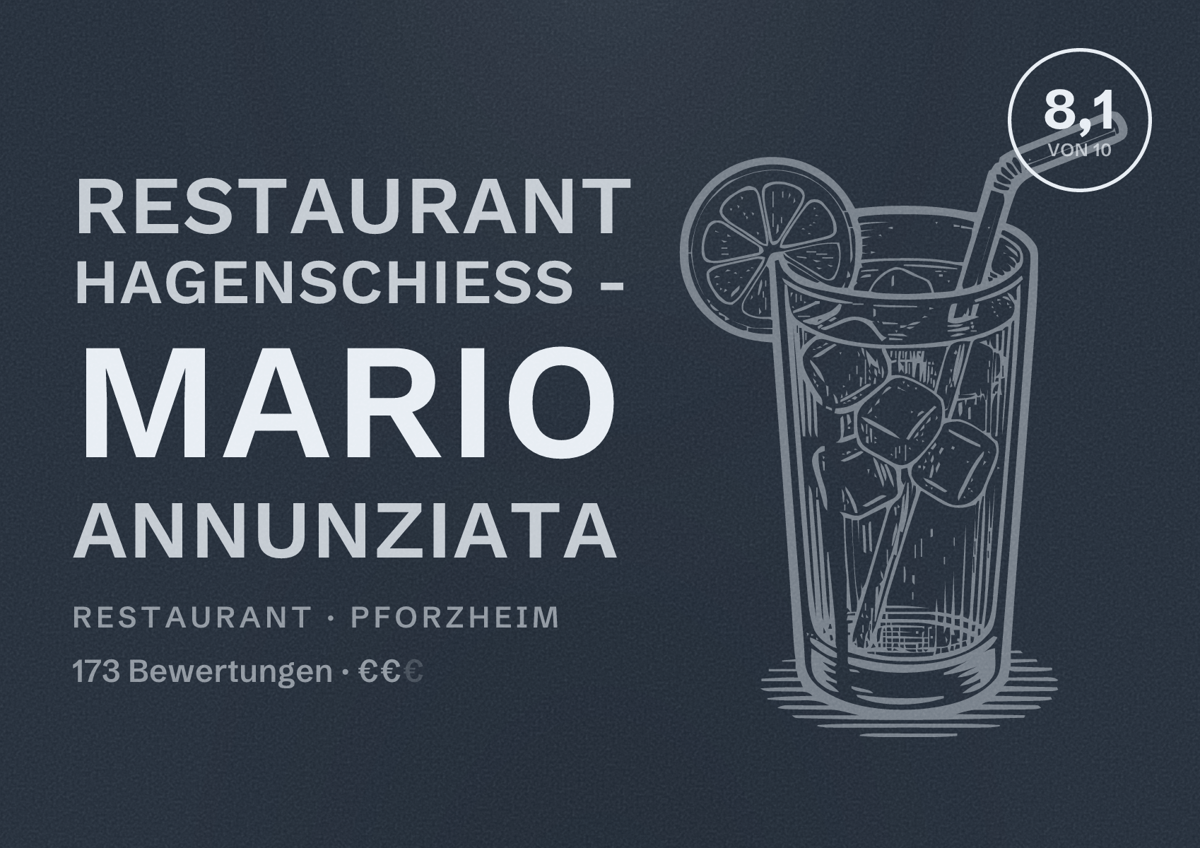 Illustriertes Poster von Restaurant Hagenschieß - Mario Annunziata, Restaurant in Pforzheim: Bewertung 8,1 von 10 aus 173 Bewertungen, Preisniveau €€