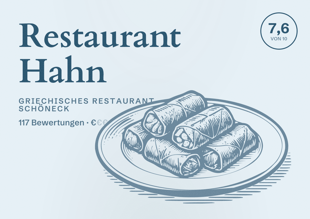 Illustriertes Poster von Restaurant Hahn, Griechisches Restaurant in Schöneck: Bewertung 7,6 von 10 aus 117 Bewertungen, Preisniveau €