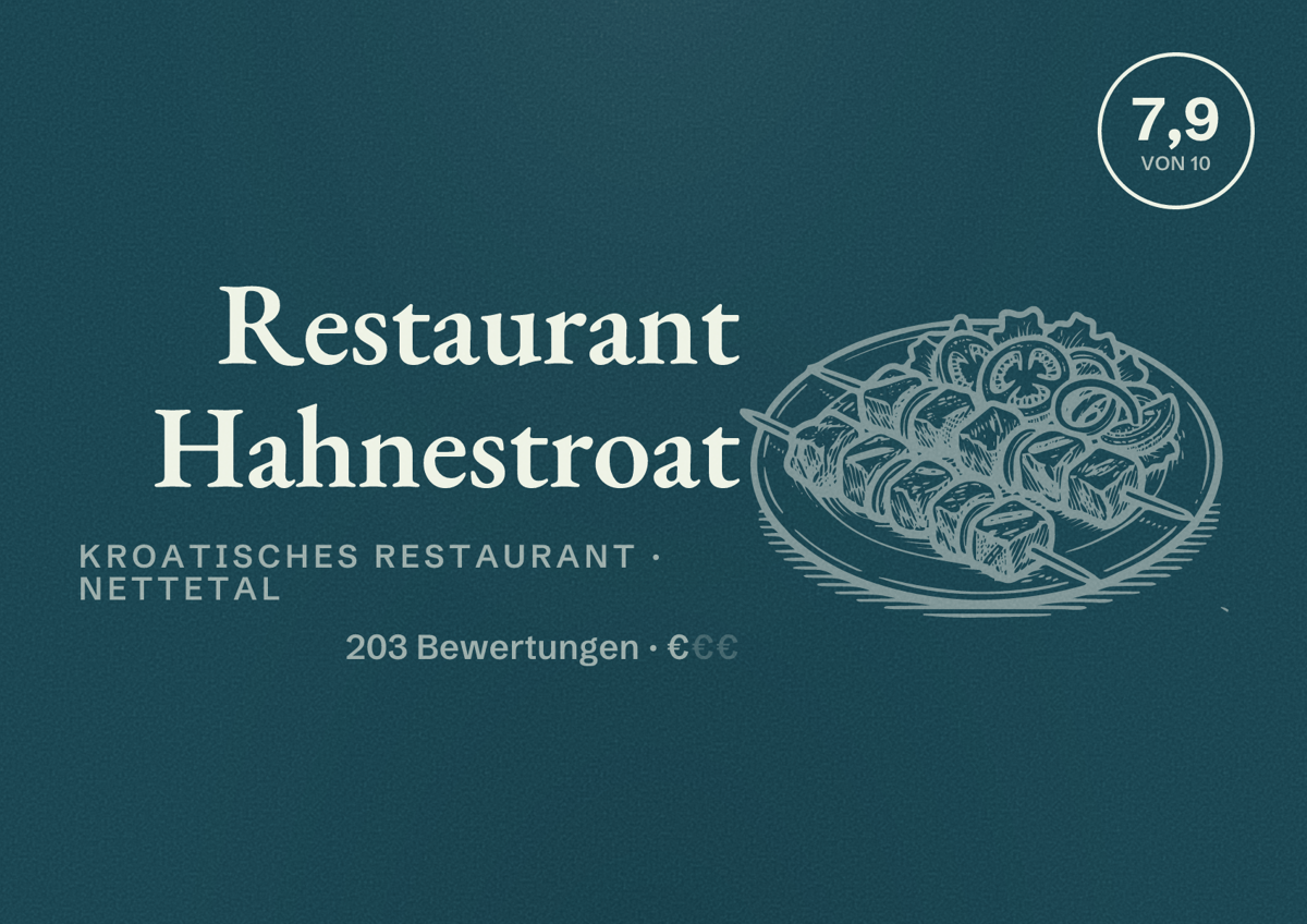 Illustriertes Poster von Restaurant Hahnestroat, Kroatisches Restaurant in Nettetal: Bewertung 7,9 von 10 aus 203 Bewertungen, Preisniveau €