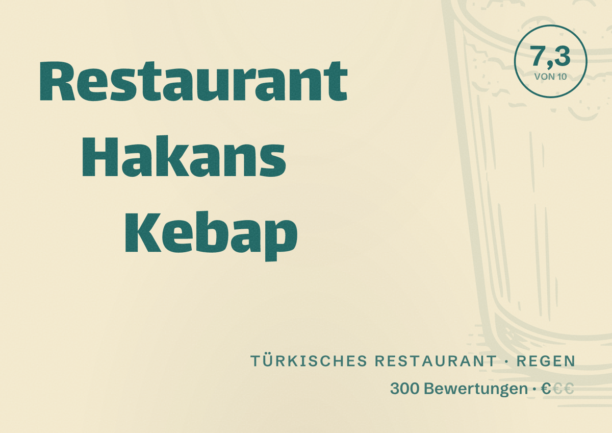 Illustriertes Poster von Restaurant Hakans Kebap, Türkisches Restaurant in Regen: Bewertung 7,3 von 10 aus 300 Bewertungen, Preisniveau €