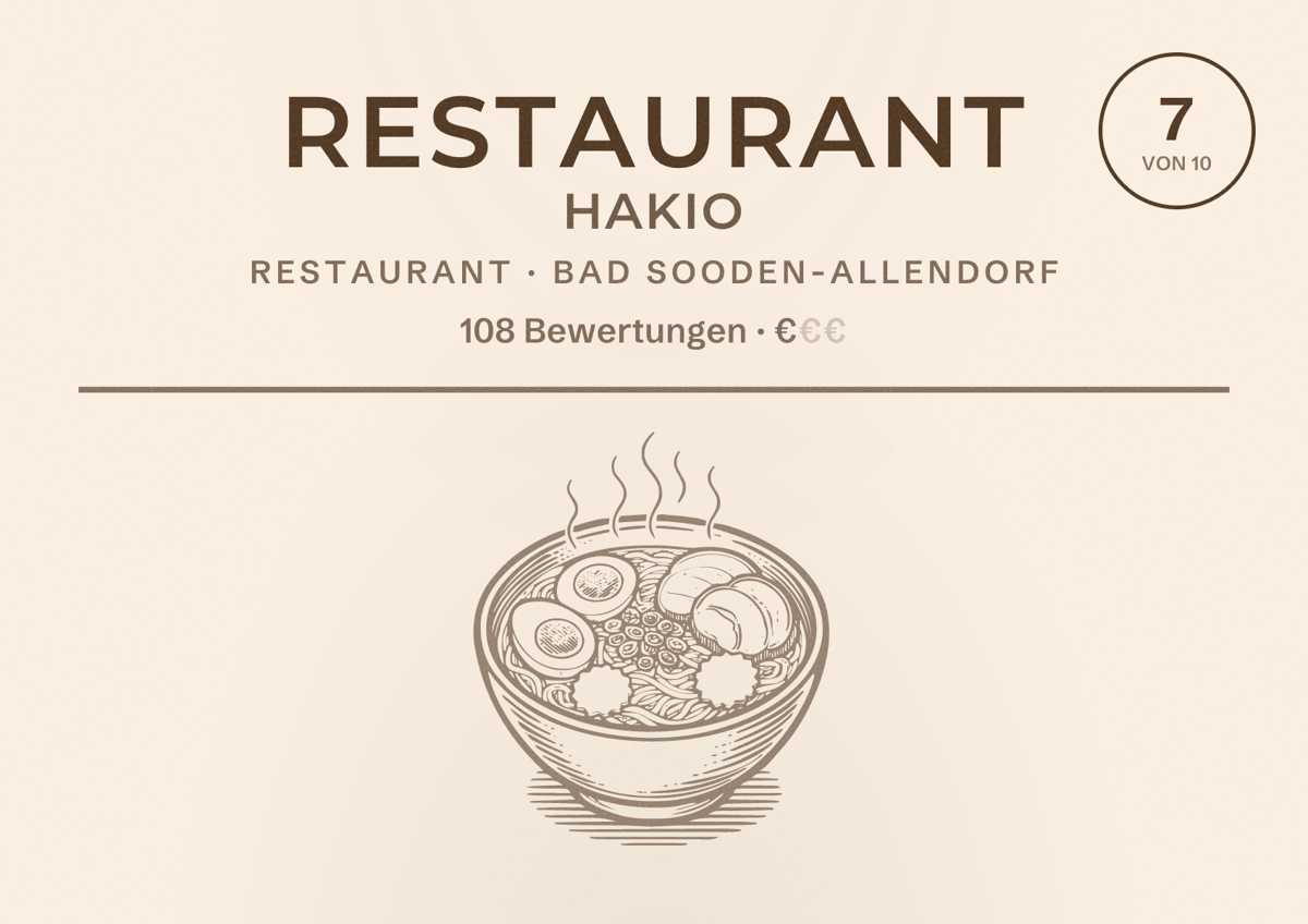 Illustriertes Poster von Restaurant Hakio, Restaurant in Bad Sooden-Allendorf: Bewertung 7 von 10 aus 108 Bewertungen, Preisniveau €