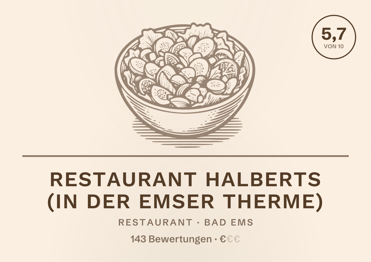 Illustriertes Poster von Restaurant Halberts (in der Emser Therme), Restaurant in Bad Ems: Bewertung 5,7 von 10 aus 143 Bewertungen, Preisniveau €