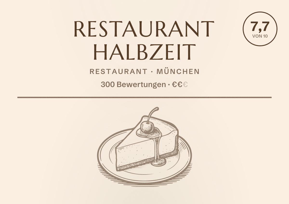 Illustriertes Poster von Restaurant Halbzeit, Restaurant in München: Bewertung 7,7 von 10 aus 300 Bewertungen, Preisniveau €€