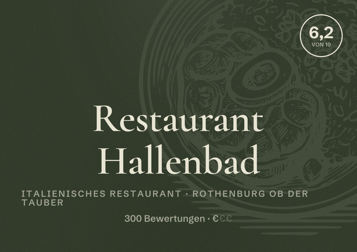 Illustriertes Poster von Restaurant Hallenbad, Italienisches Restaurant in Rothenburg ob der Tauber: Bewertung 6,2 von 10 aus 300 Bewertungen, Preisniveau €