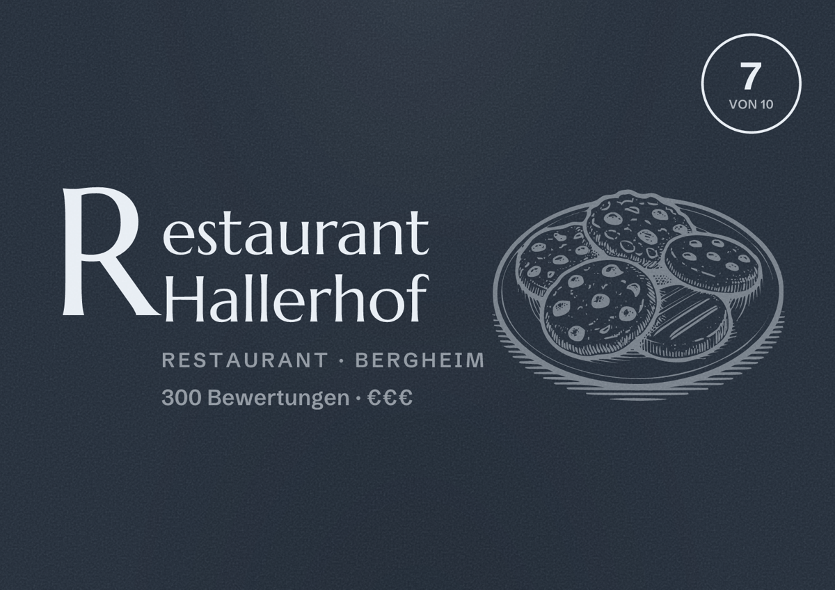 Illustriertes Poster von Restaurant Hallerhof, Restaurant in Bergheim: Bewertung 7 von 10 aus 300 Bewertungen, Preisniveau €€€