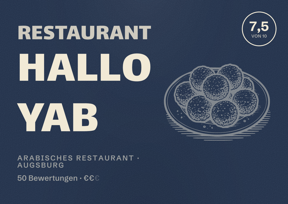Illustriertes Poster von Restaurant Hallo Yab, Arabisches Restaurant in Augsburg: Bewertung 7,5 von 10 aus 50 Bewertungen, Preisniveau €€