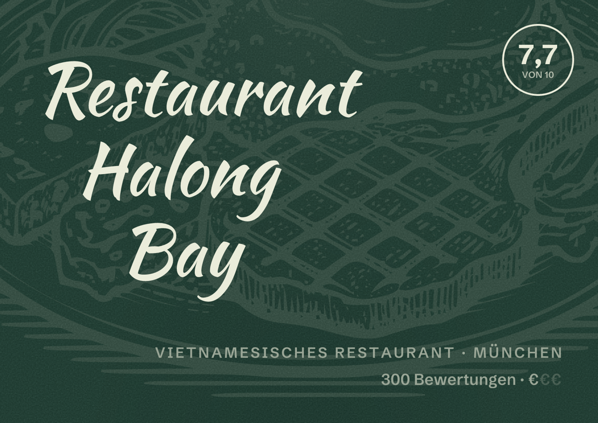 Illustriertes Poster von Restaurant Halong Bay, Vietnamesisches Restaurant in München: Bewertung 7,7 von 10 aus 300 Bewertungen, Preisniveau €