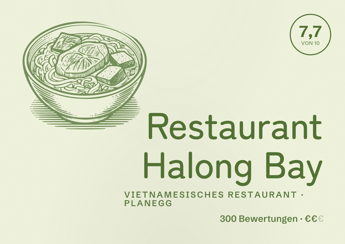 Illustriertes Poster von Restaurant Halong Bay, Vietnamesisches Restaurant in Planegg: Bewertung 7,7 von 10 aus 300 Bewertungen, Preisniveau €€