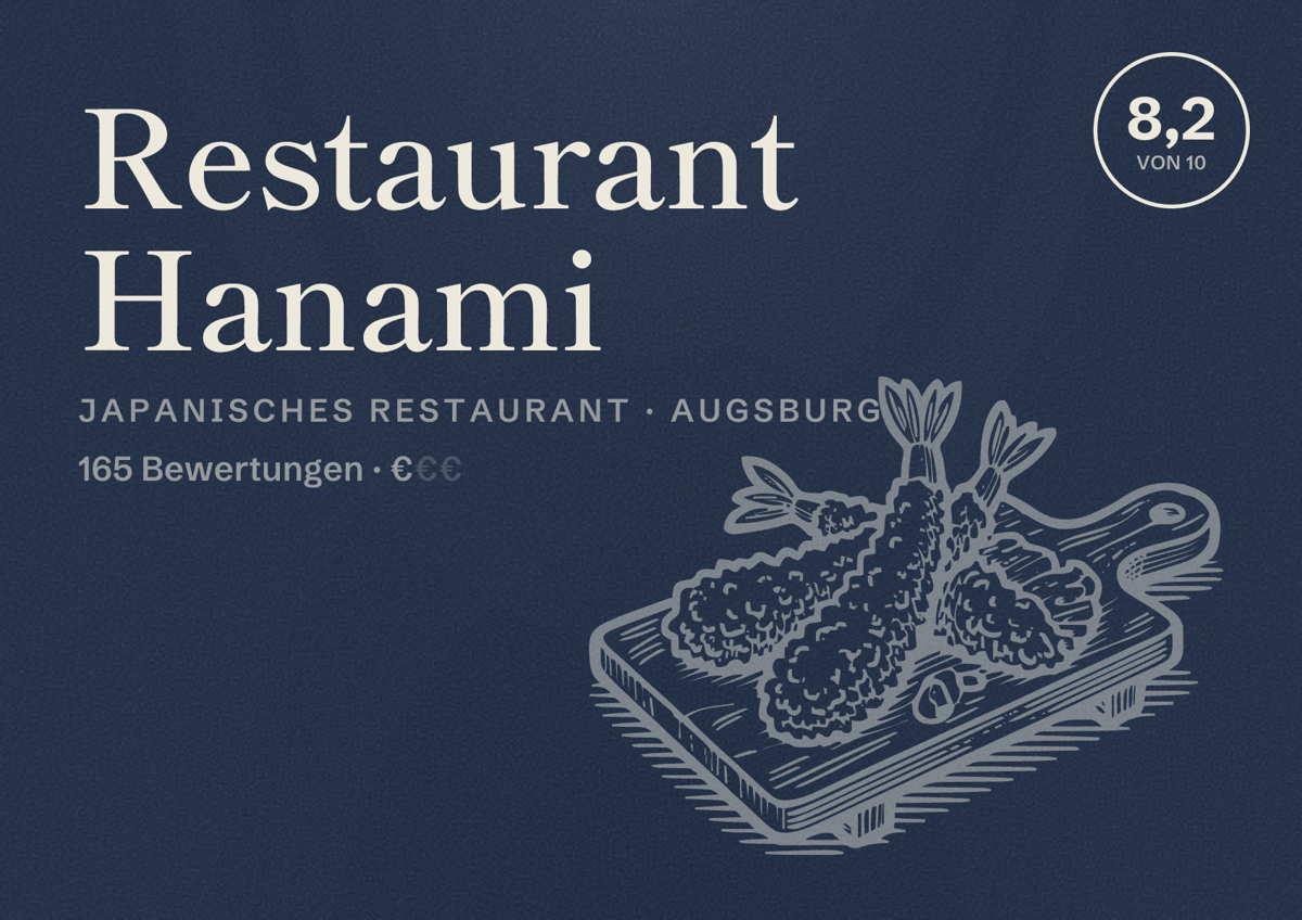 Illustriertes Poster von Restaurant Hanami, Japanisches Restaurant in Augsburg: Bewertung 8,2 von 10 aus 165 Bewertungen, Preisniveau €