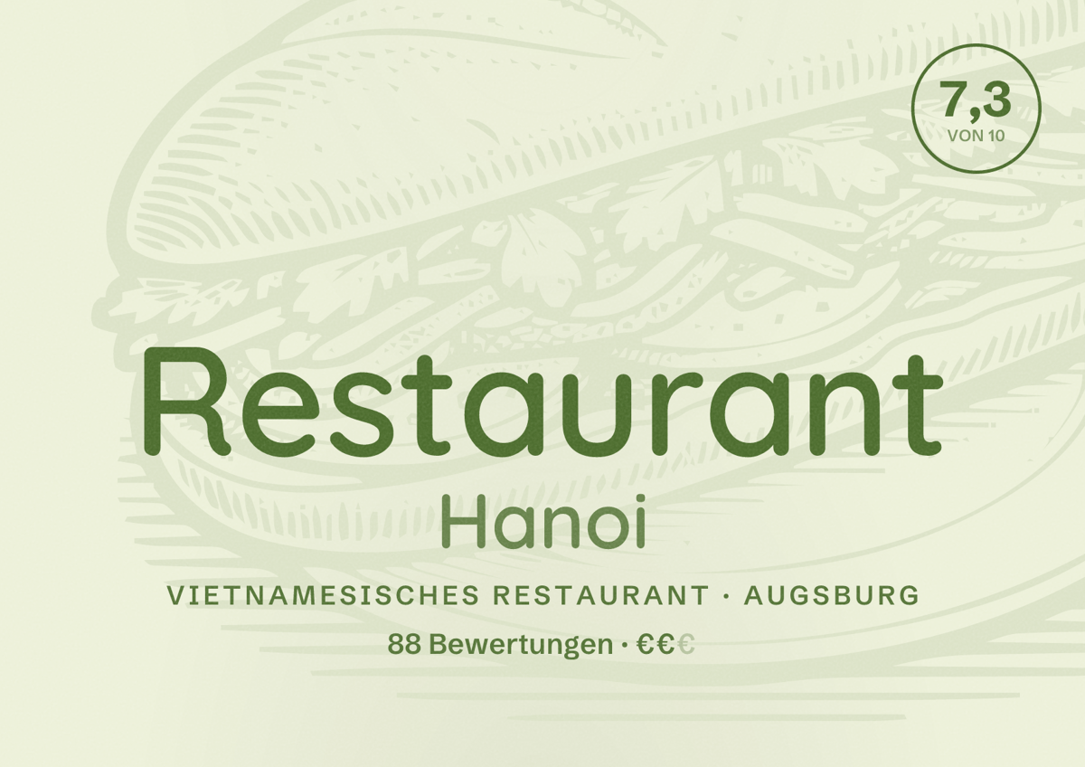 Illustriertes Poster von Restaurant Hanoi, Vietnamesisches Restaurant in Augsburg: Bewertung 7,3 von 10 aus 88 Bewertungen, Preisniveau €€