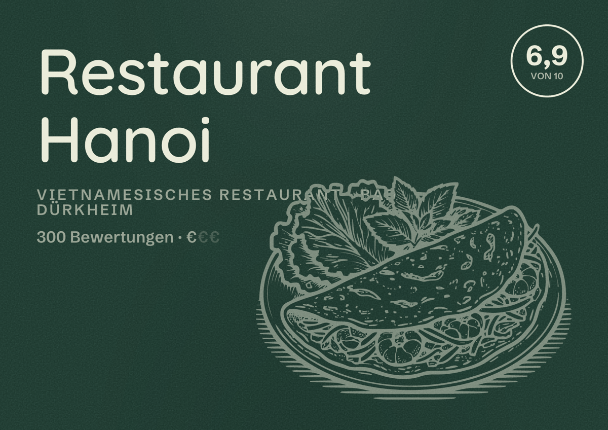 Illustriertes Poster von Restaurant Hanoi, Vietnamesisches Restaurant in Bad Dürkheim: Bewertung 6,9 von 10 aus 300 Bewertungen, Preisniveau €