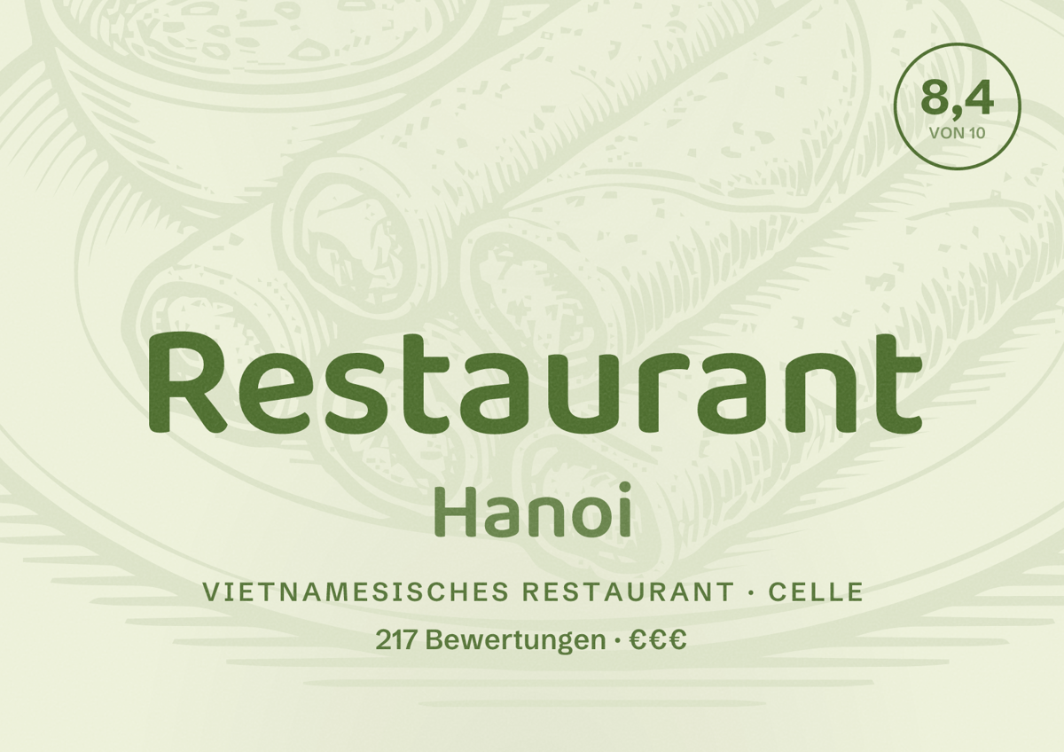 Illustriertes Poster von Restaurant Hanoi, Vietnamesisches Restaurant in Celle: Bewertung 8,4 von 10 aus 217 Bewertungen, Preisniveau €€€
