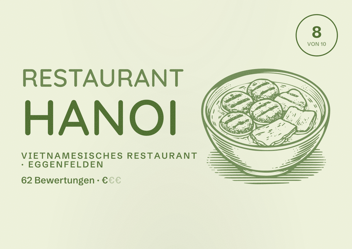 Illustriertes Poster von Restaurant Hanoi, Vietnamesisches Restaurant in Eggenfelden: Bewertung 8 von 10 aus 62 Bewertungen, Preisniveau €