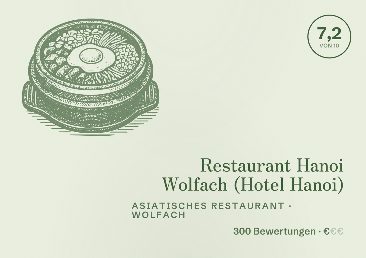 Illustriertes Poster von Restaurant Hanoi Wolfach (Hotel Hanoi), Asiatisches Restaurant in Wolfach: Bewertung 7,2 von 10 aus 300 Bewertungen, Preisniveau €