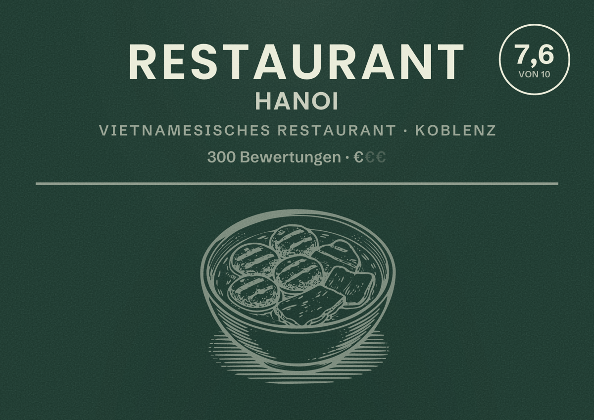 Illustriertes Poster von Restaurant Hanoi, Vietnamesisches Restaurant in Koblenz: Bewertung 7,6 von 10 aus 300 Bewertungen, Preisniveau €
