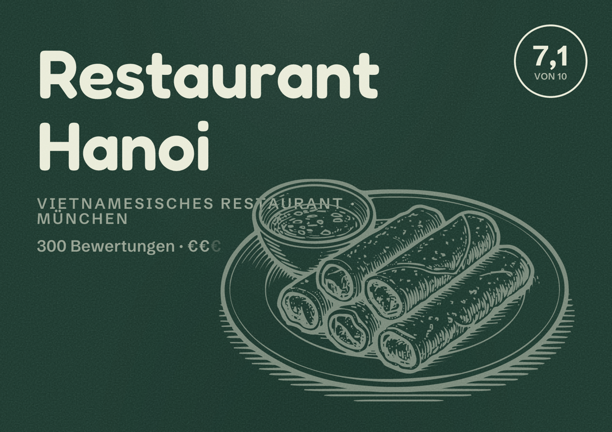 Illustriertes Poster von Restaurant Hanoi, Vietnamesisches Restaurant in München: Bewertung 7,1 von 10 aus 300 Bewertungen, Preisniveau €€