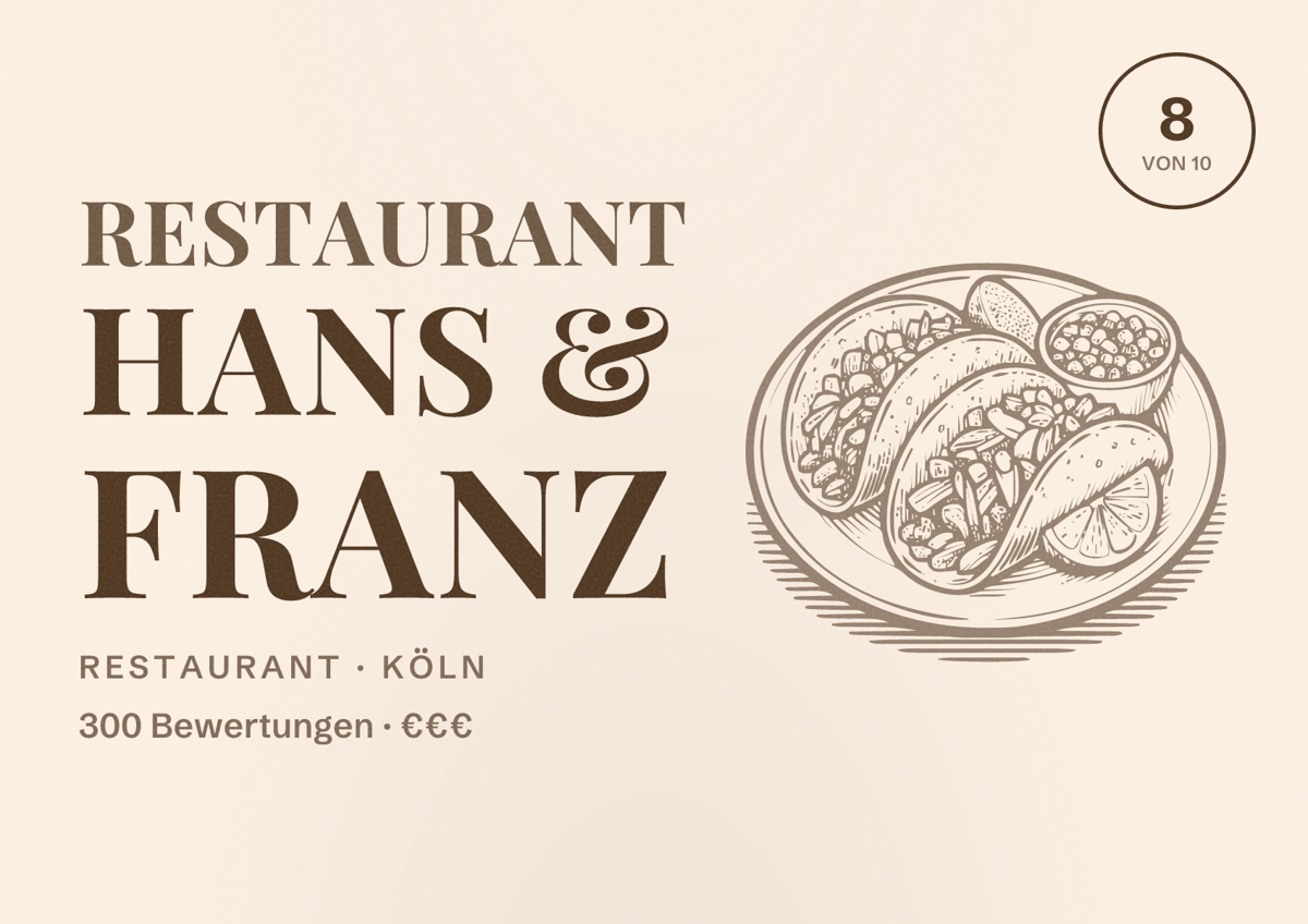 Illustriertes Poster von Restaurant Hans & Franz, Restaurant in Köln: Bewertung 8,0 von 10 aus 300 Bewertungen, Preisniveau €€€