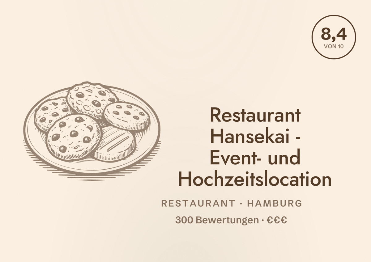 Illustriertes Poster von Restaurant Hansekai - Event- und Hochzeitslocation, Restaurant in Hamburg: Bewertung 8,4 von 10 aus 300 Bewertungen, Preisniveau €€€