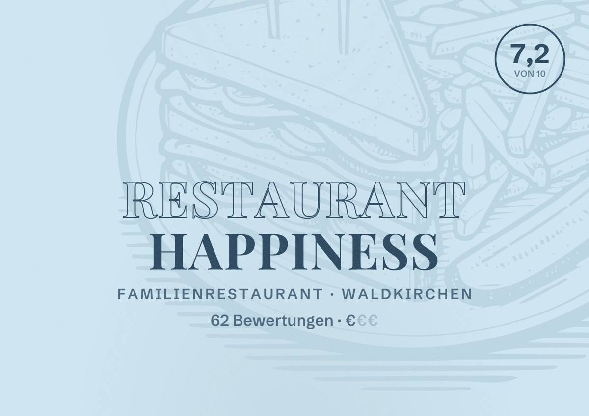 Illustriertes Poster von Restaurant Happiness, Familienrestaurant in Waldkirchen: Bewertung 7,2 von 10 aus 62 Bewertungen, Preisniveau €