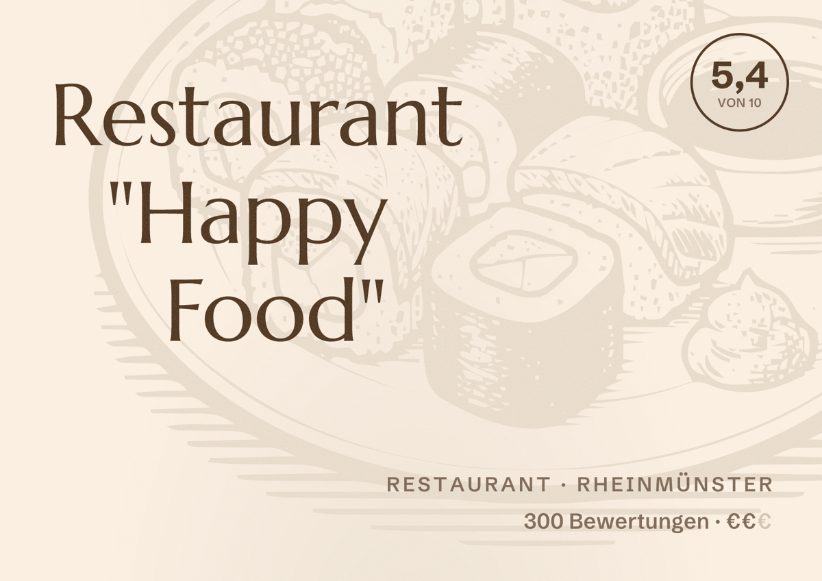 Illustriertes Poster von Restaurant "Happy Food", Restaurant in Rheinmünster: Bewertung 5,4 von 10 aus 300 Bewertungen, Preisniveau €€