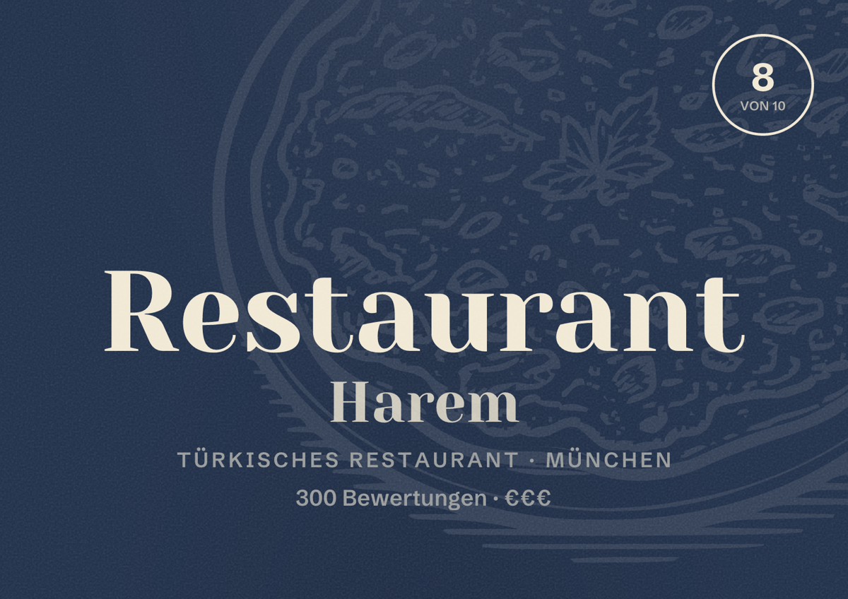 Illustriertes Poster von Restaurant Harem, Türkisches Restaurant in München: Bewertung 8,0 von 10 aus 300 Bewertungen, Preisniveau €€€