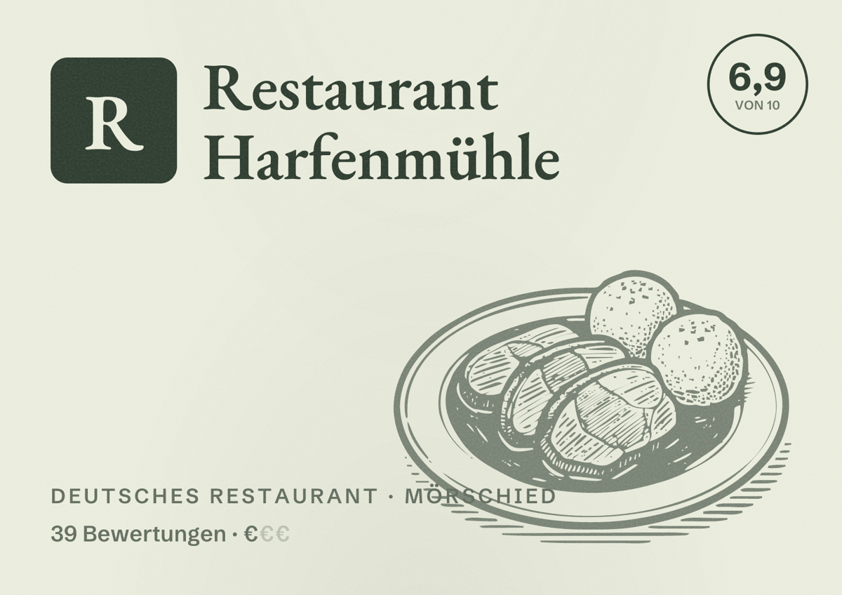 Illustriertes Poster von Restaurant Harfenmühle, Deutsches Restaurant in Mörschied: Bewertung 6,9 von 10 aus 39 Bewertungen, Preisniveau €