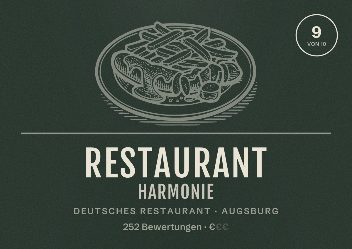 Illustriertes Poster von Restaurant Harmonie, Deutsches Restaurant in Augsburg: Bewertung 9,0 von 10 aus 252 Bewertungen, Preisniveau €