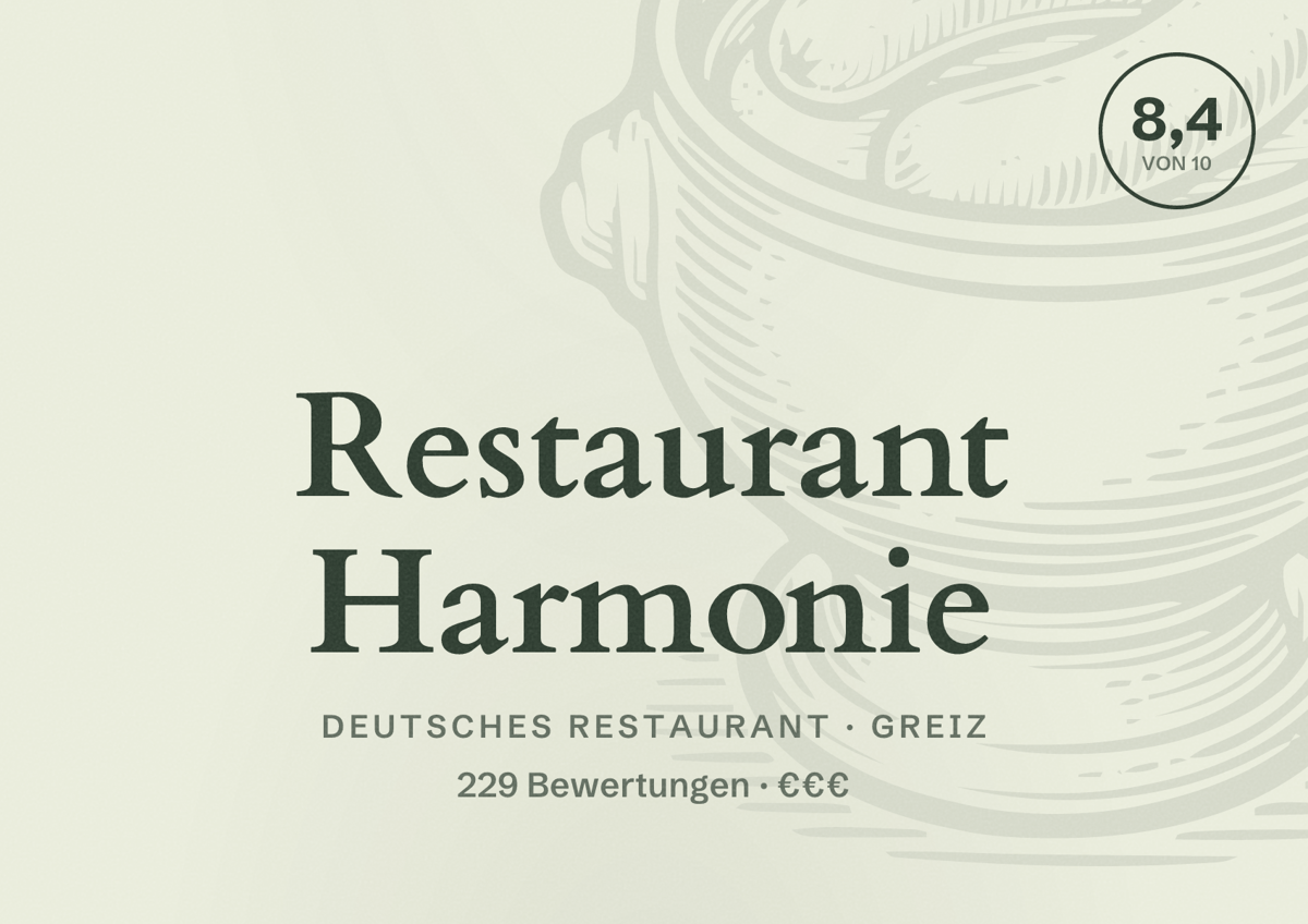 Illustriertes Poster von Restaurant Harmonie, Deutsches Restaurant in Greiz: Bewertung 8,4 von 10 aus 229 Bewertungen, Preisniveau €€€