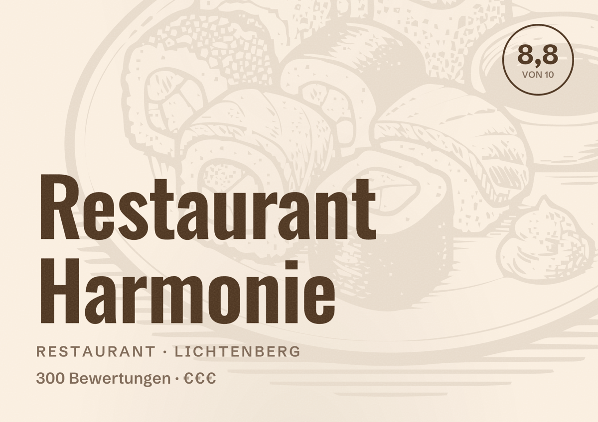 Illustriertes Poster von Restaurant Harmonie, Restaurant in Lichtenberg: Bewertung 8,8 von 10 aus 300 Bewertungen, Preisniveau €€€